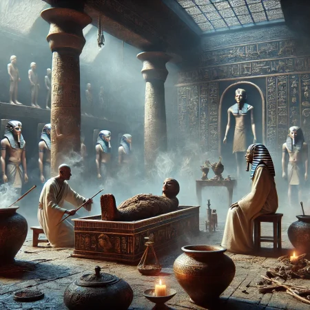 Ancient Egyptian priests perform sacred embalming rituals with agarwood, believed to guide souls to the afterlife.
