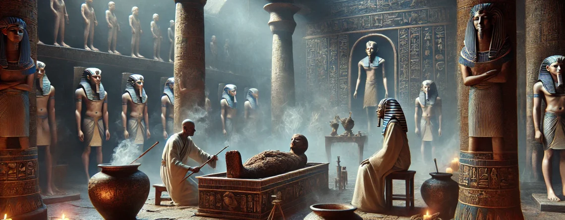 Ancient Egyptian priests perform sacred embalming rituals with agarwood, believed to guide souls to the afterlife.