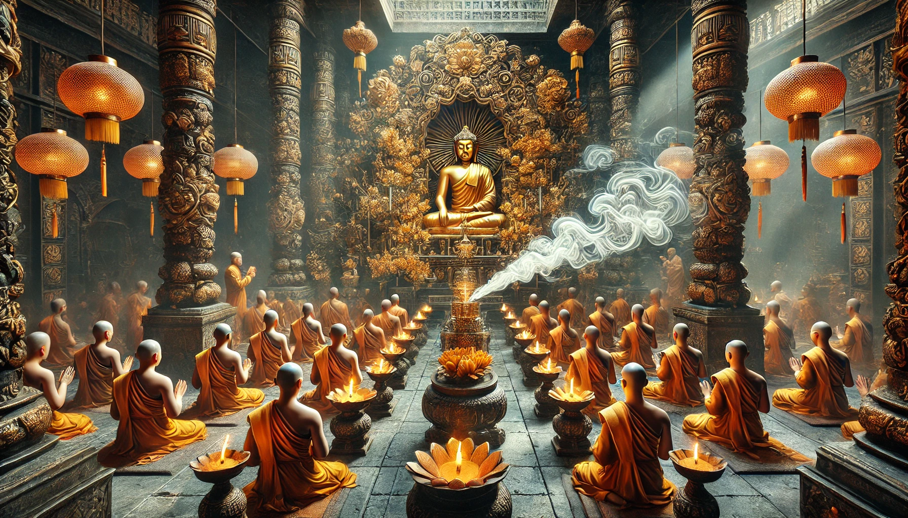 Monks perform a sacred ritual, with agarwood incense enhancing the serene ambiance