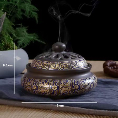 Cinereous lidded ceramic incense burner labeled 12 cm wide and 8.5 cm high
