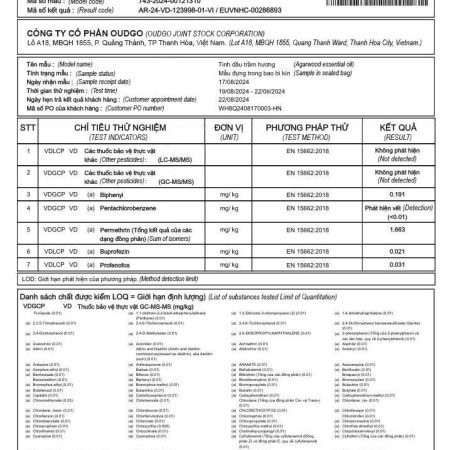 Eurofins test report 743-2024-00121310 for an agarwood essential oil sample, page 1 of 5
