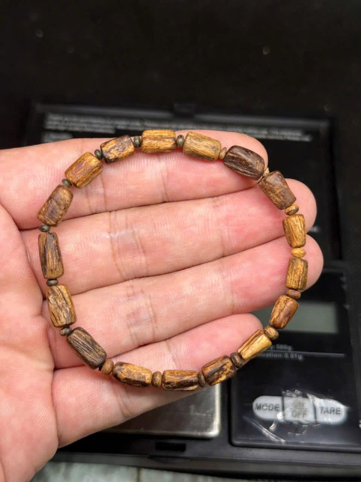 Tarakan agarwood bracelet with 8 mm cylindrical beads held in hand