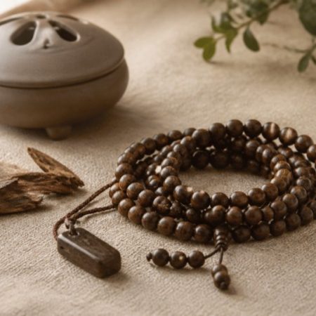 Agarwood beads, wood chips, a small pendant, a ceramic burner and a care cloth on natural linen