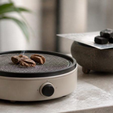 Natural wood chips beside a plain electric burner and an unlabelled bowl on a neutral surface