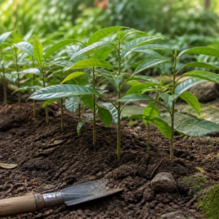 Young seedlings growing in soil beside a small unlabelled amber bottle and a resting hand trowel