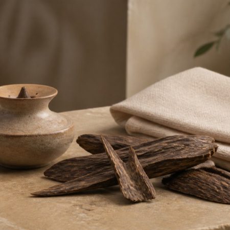 Wooden incense holder on a quiet woven mat with a small unlabelled ceramic bowl
