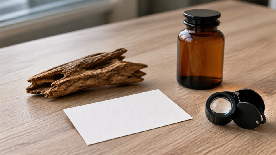 Unlabelled wood sample blank card and magnifying loupe on a plain table.