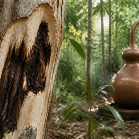 Dark wood in a tree trunk beside a small copper distillation vessel