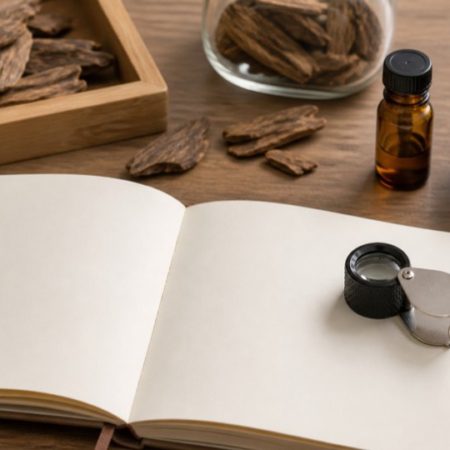 Blank open notebook with natural wood pieces, a small unlabelled bottle, plain beads and a magnifying loupe
