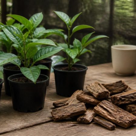 Young potted seedlings and natural wood pieces on a nursery bench with a plain ceramic cup in the background