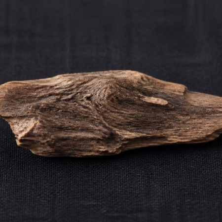 Single unlabelled natural wood fragment on dark charcoal linen