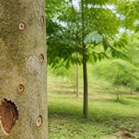 Tree trunk with several small healed treatment points in a green managed-tree setting