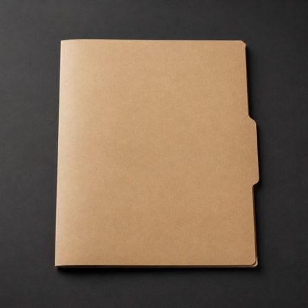 Single closed blank kraft document folder on a dark charcoal surface
