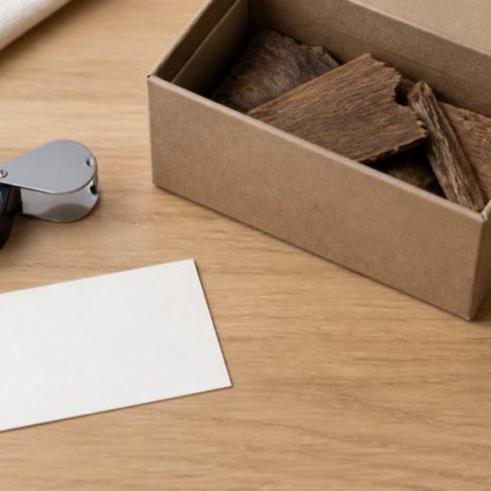 Natural wood pieces in an unlabelled plain box beside a magnifying loupe and blank card on a tabletop