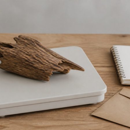 Natural wood piece on a blank neutral weighing tray beside a blank notebook and unmarked kraft envelope