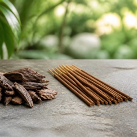 Natural wood chips, plain incense sticks and an unlabelled amber bottle on a stone surface