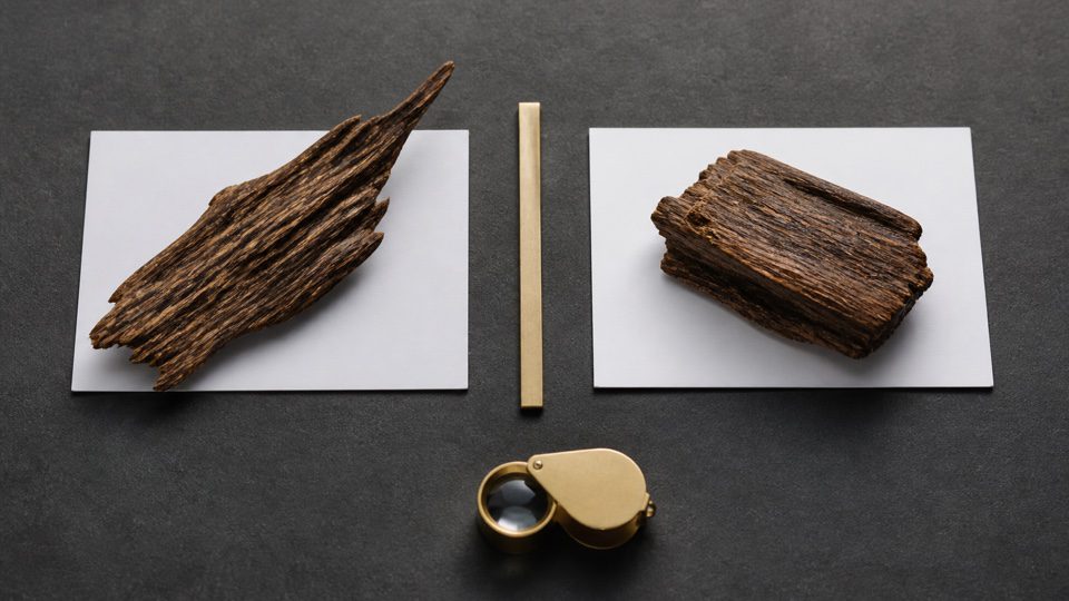Two unlabelled wood samples on separate blank cards beside a closed magnifying loupe.