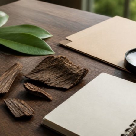 Agarwood wood pieces and green leaves beside a blank notebook, folder and magnifying glass on a wooden desk