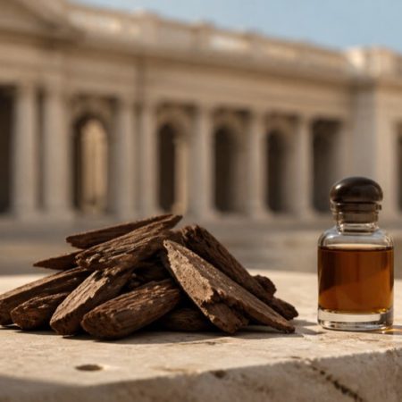 Natural wood chips and an unlabelled bottle on stone before softly blurred classical columns