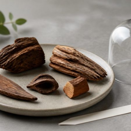 Natural wood pieces on separate plain ceramic dishes beside blank scent strips