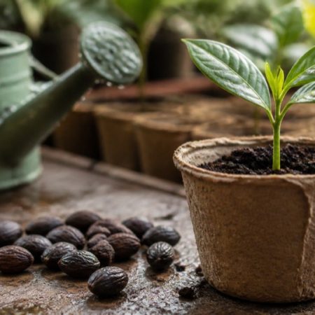 Dark seeds beside a young sprout in a biodegradable pot on a damp propagation bench