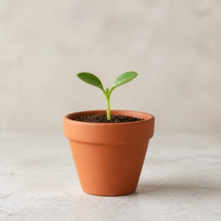 Single unlabelled green seedling in a plain terracotta pot on a pale stone surface