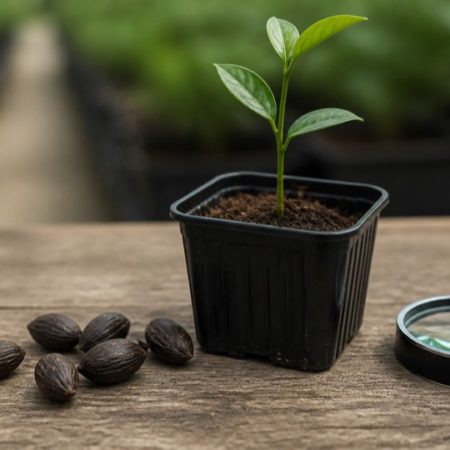 Young sprout in an unlabelled nursery pot beside dark seeds and a magnifying loupe on a wooden bench