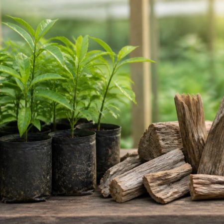 Young potted seedlings beside natural wood pieces on a nursery workbench