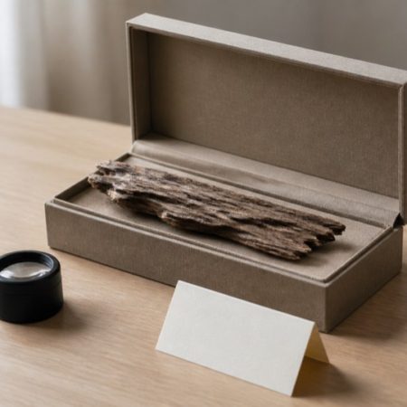A single natural wood specimen in a plain open display box beside a magnifying loupe and blank note card
