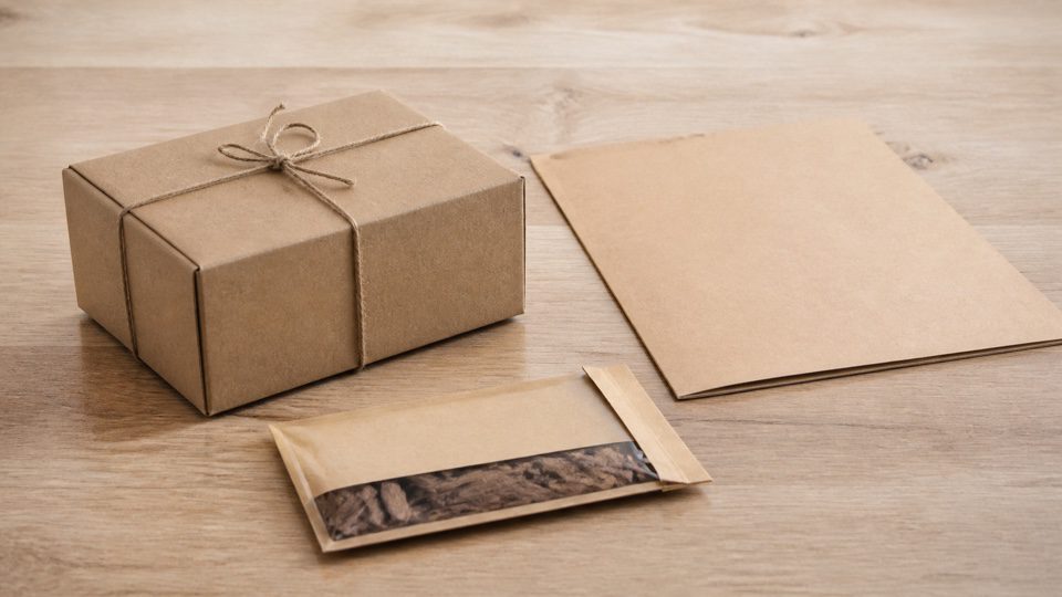Unmarked kraft box plain document folder and unlabelled sample envelope on a table.