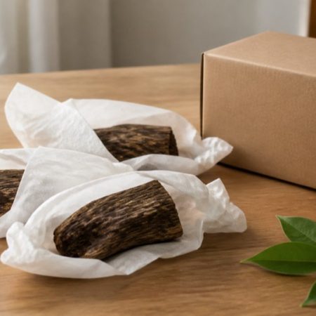 Natural wood pieces wrapped in plain protective paper beside an unmarked kraft box and green leaves
