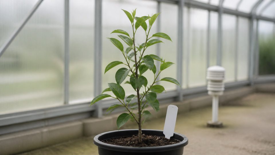 Young unlabelled tree in a plain nursery pot inside a greenhouse.