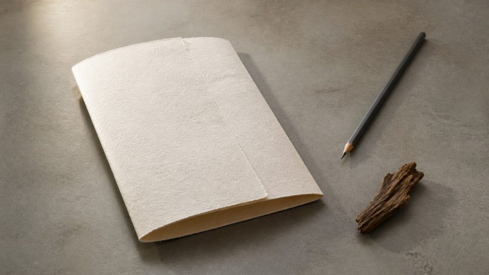Blank folded paper folio with an unmarked pencil and small natural wood fragment.