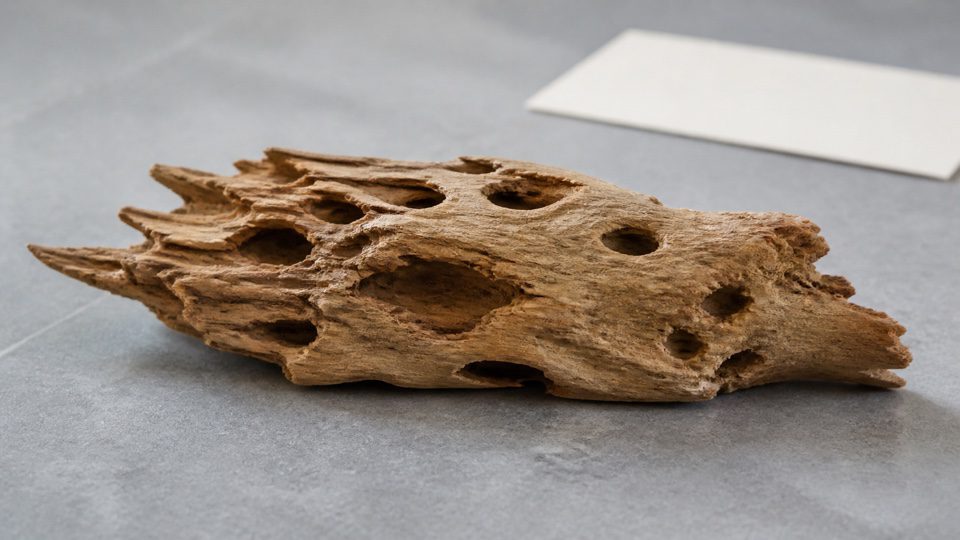 Irregular light-brown wood fragment with several small non-specific cavities.
