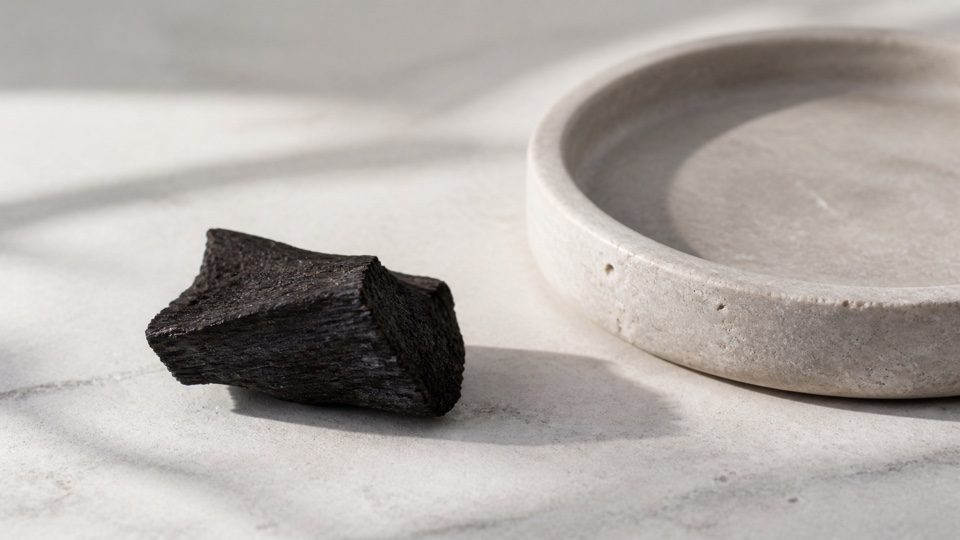 Small dark irregular wood fragment beside a plain shallow stone dish.