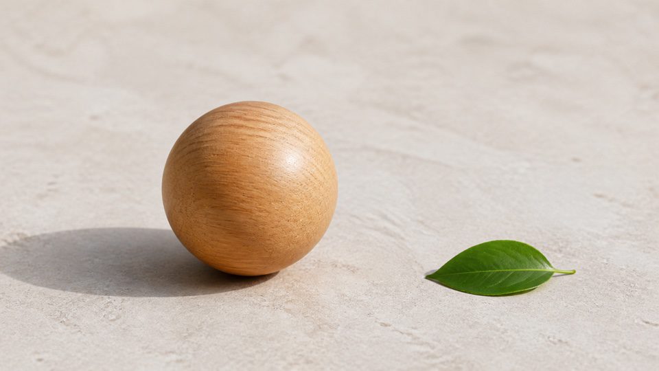 Unmarked wooden sphere beside a single green leaf on a plain surface.