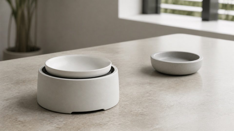 Unlabelled ceramic heater with an empty dish beside a separate plain cold dish.