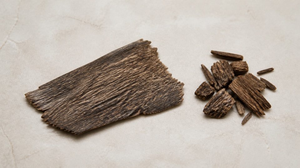 Flat thin dark wood sheet beside a separate cluster of small wood chips.