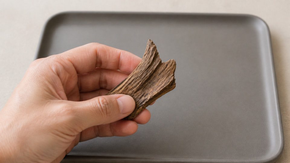 Anonymous hand holding an irregular natural wood fragment above a plain gray tray.