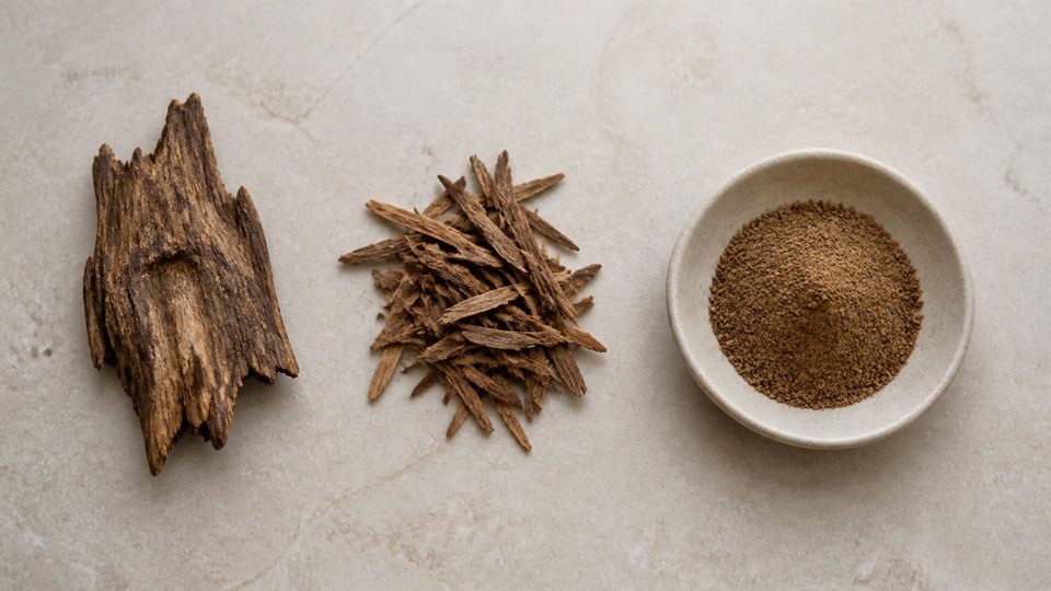 Rough wood fragment thin wood shavings and fine brown powder in a plain dish.
