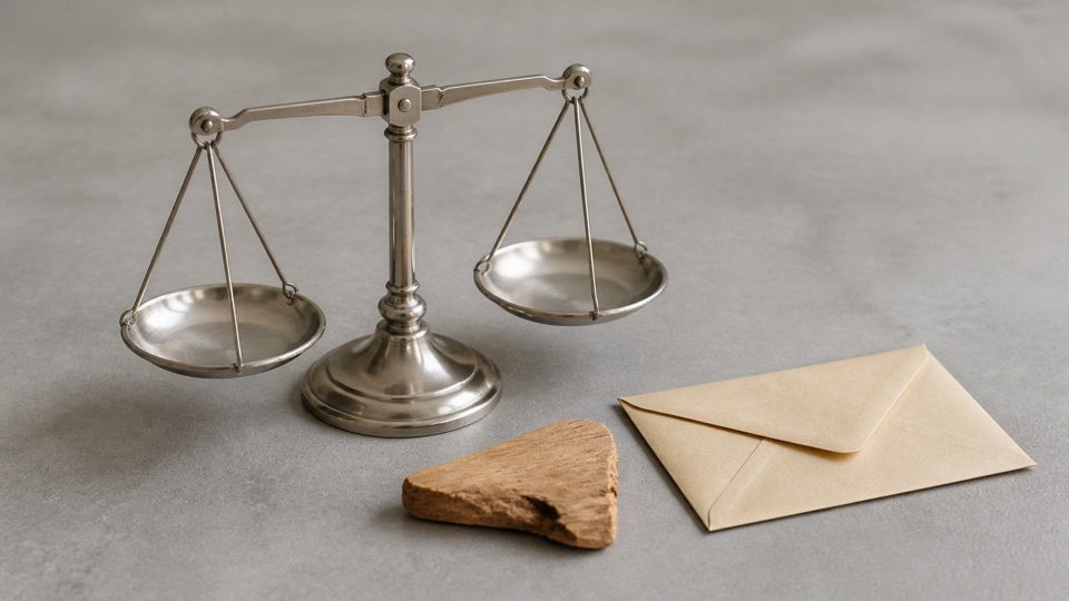 Unmarked balance scale with empty pans beside a blank envelope and natural wood fragment.