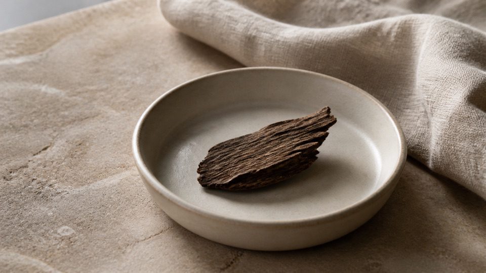 Single natural wood fragment in an unmarked shallow ceramic dish beside folded plain linen.