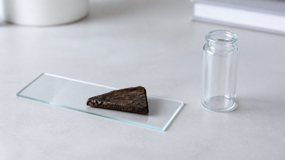 Plain glass slide with a small wood sample beside an empty unmarked vial.