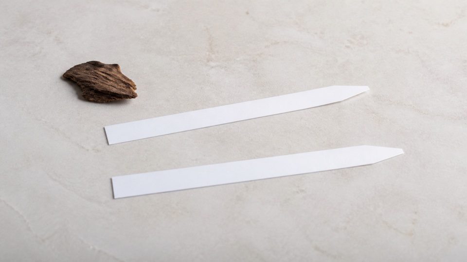 Two blank paper scent strips beside a small natural wood fragment.