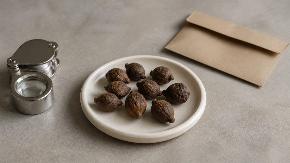Small dish of unlabelled brown seeds beside a closed metal loupe and blank envelope.