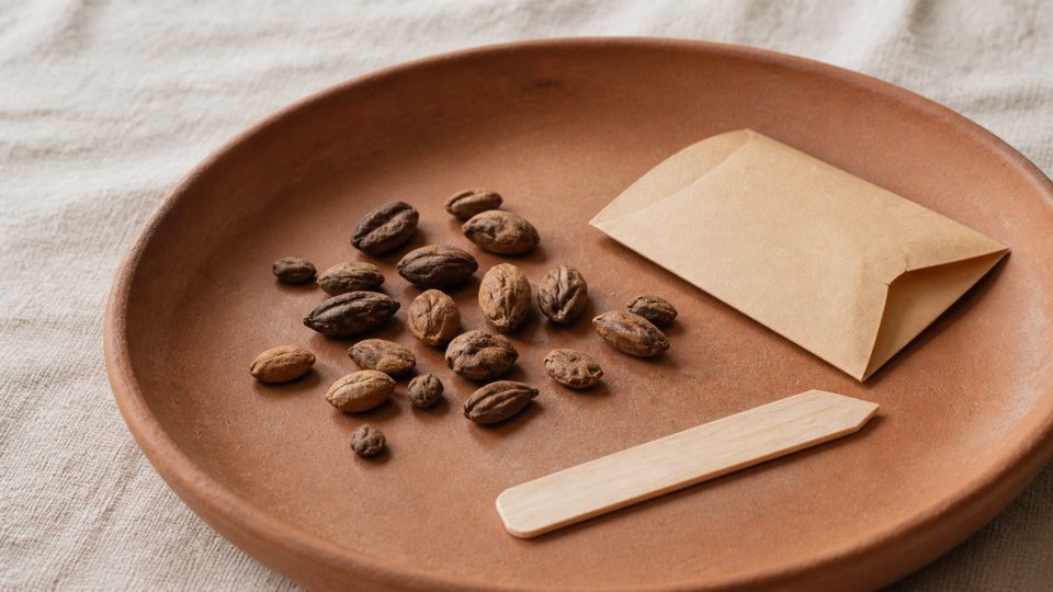 Small group of unlabelled brown seeds beside a blank paper envelope and marker on a clay tray.