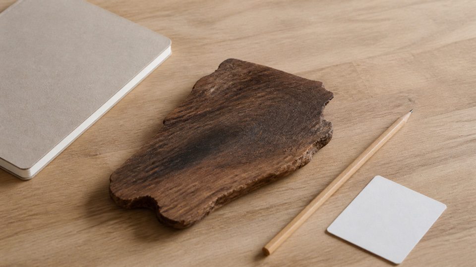 Natural wood sample beside a closed plain notebook unmarked pencil and blank card.