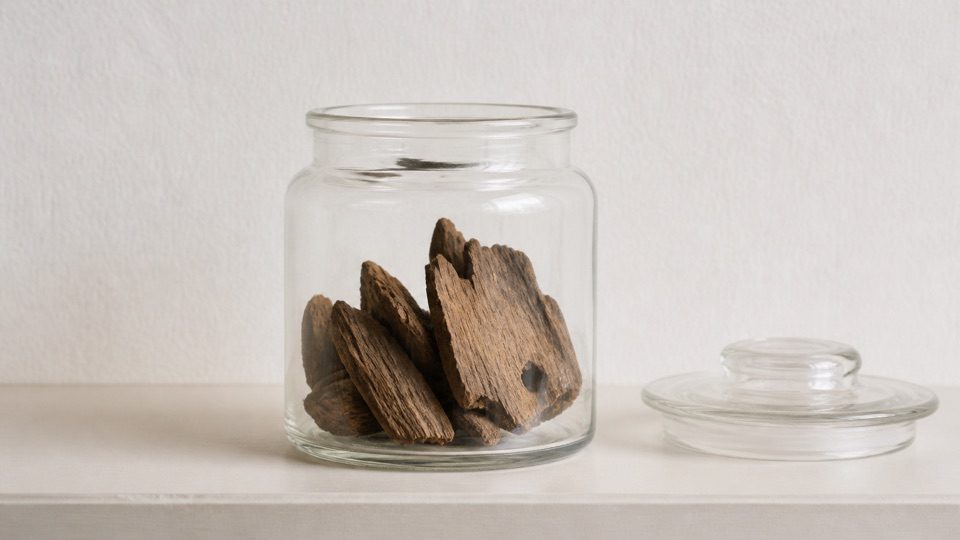 Clear unlabelled glass jar holding natural wood pieces beside a loose plain lid.