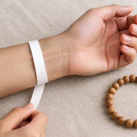 Anonymous wrist with a plain soft measuring tape and an unbranded round-bead strand on neutral linen