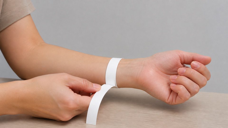 Anonymous forearm with an unmarked flexible tape wrapped once around the wrist